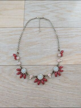 Gold-Tone Necklace with Red and Blush Floral Clusters